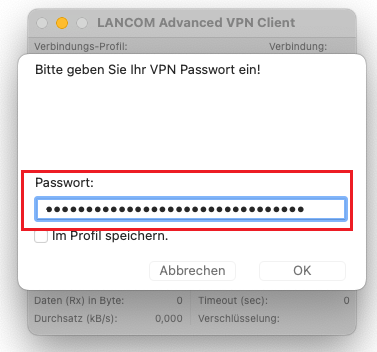 Eingabe des Passwortes und OTP-Token beim Aufbau der VPN-Verbindung