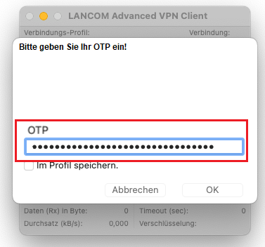 Eingabe des OTP-Token beim Aufbau der VPN-Verbindung