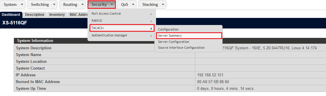 Menü TACACS Server Summary aufrufen