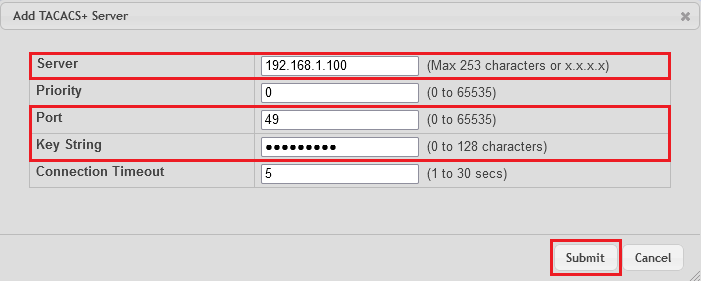 IP-Adresse und Secret Key für den TACACS-Server eintragen