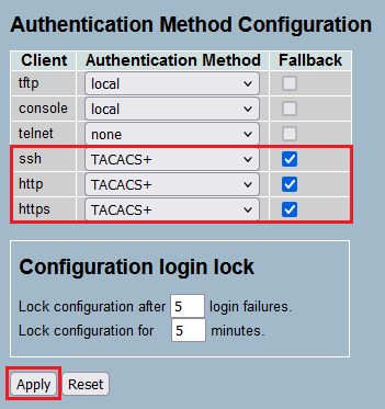 Activate TACACS for the management protocols