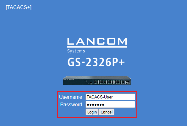 Login mask of the switch with active TACACS