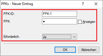 Neuen Eintrag mit PPK und PPK-ID erstellen