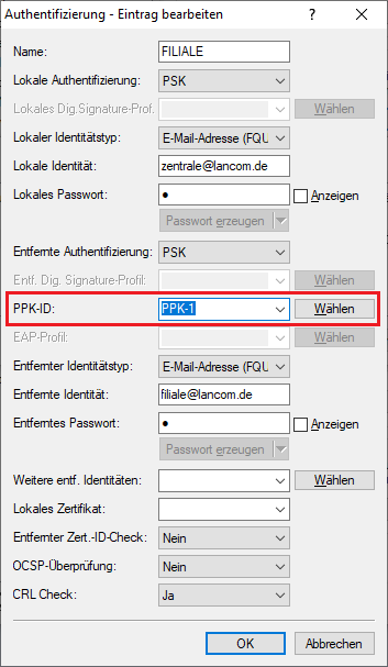 Erstellte PPK-ID in den Authentifizierungs-Einstellungen der Zentrale auswählen