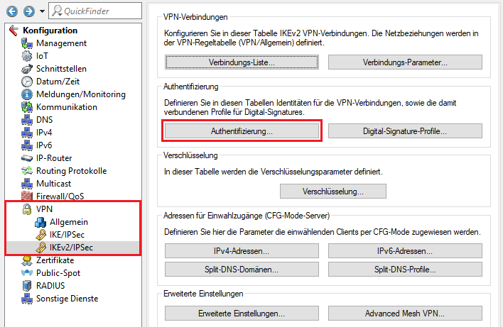 Menü Authentifizierung im VPN aufrufen