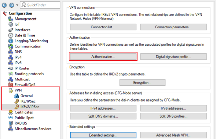 Open the menu Authentication in the VPN