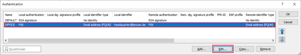 Edit the Authentication settings for the existing VPN connection to the branch office