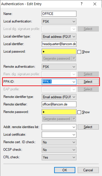 Select the created PPK-ID in the Authentication settings of the headquarter