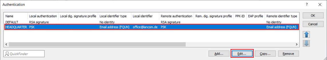 Edit the Authentication settings for the existing VPN connection to the headquarter