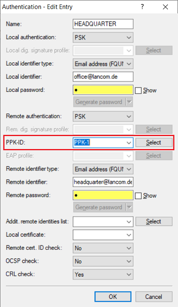 Select the created PPK-ID in the Authentication settings of the branch office