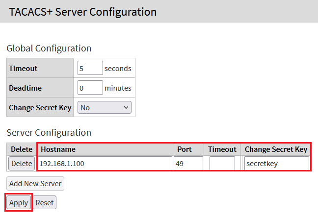 Enter the IP address and secret key for the TACACS server