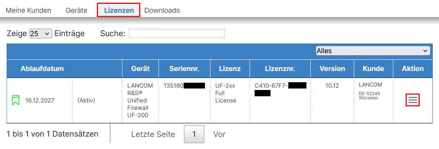 Menü Aktion im Firewall-Lizenz-Portal für die Unified Firewall aufrufen