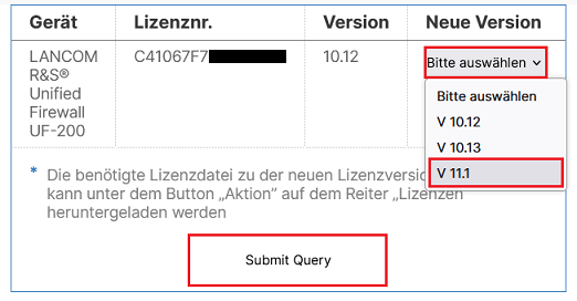 Lizenz-Version 11.1 auswählen