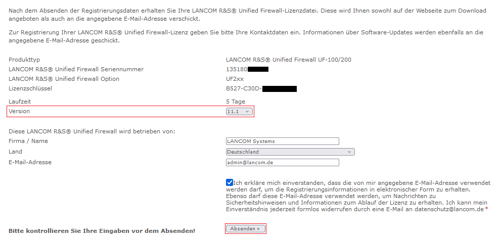 Lizenz der Unifed Firewall über das Registrierungs-Formular auf der LANCOM Homepage in Version 11.1 registrieren