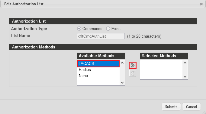 Add the method TACACS to the Selected Methods