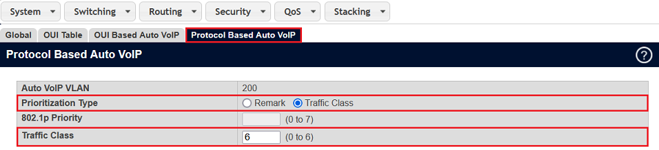 Traffic Class 6 für das Voice VLAN im Reiter Protocol Based Auto VoIP setzen
