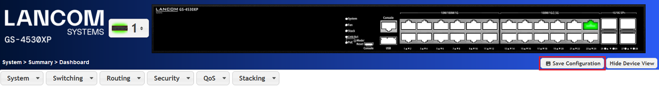 Konfiguration über die Schaltfläche Save Configuration als Start-Konfiguration speichern