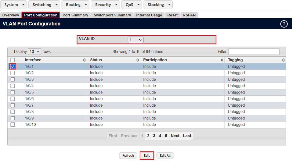 Port, an dem das VoIP-Telefon angeschlossen ist, in dem Reiter Port Configuration für das VLAN 1 bearbeiten