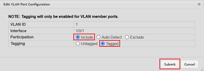 VLAN-Tagging für den gewählten Port und das VLAN 1 anpassen