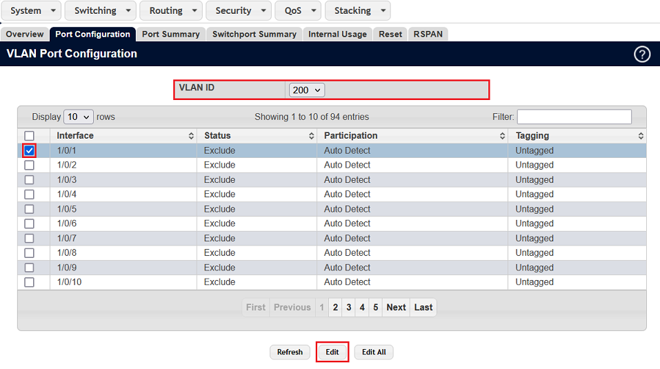 Port, an dem das VoIP-Telefon angeschlossen ist, in dem Reiter Port Configuration für das gewählte Voice-VLAN bearbeiten