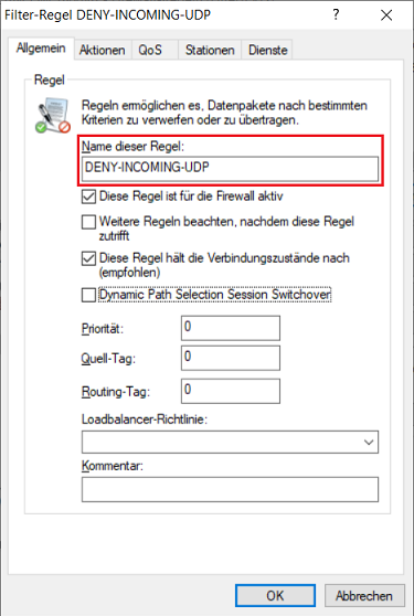 Neue Firewall-Regel erstellen und aussagekräftigen Namen vergeben