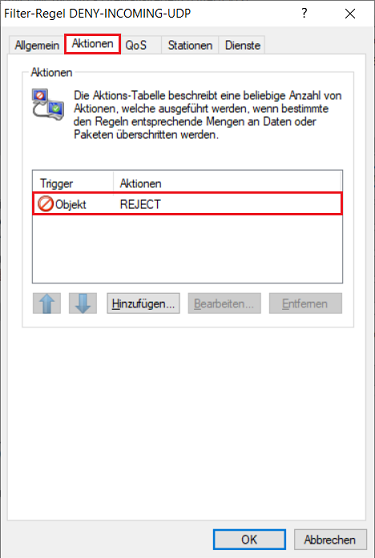 Sicherstellen, dass in der Firewall-Regel die Aktion REJECT hinterlegt ist
