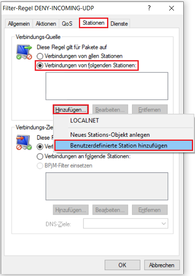 Benutzerdefinierte Verbindungs-Quelle für die Firewall-Regel unter Stationen auswählen