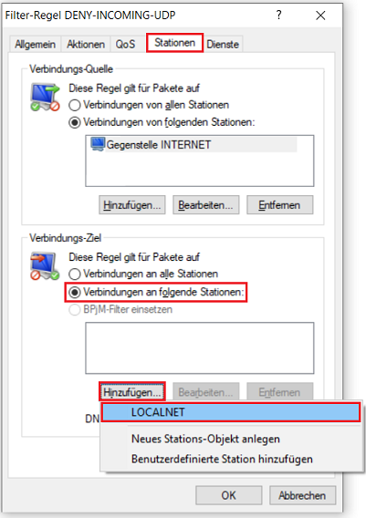 Als Verbindungsziel das Objekt LOCALNET in der Firewall-Regel unter Stationen hinterlegen