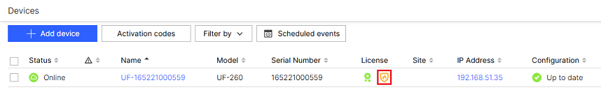 Open the license menu for an LMC managed Unified Firewall