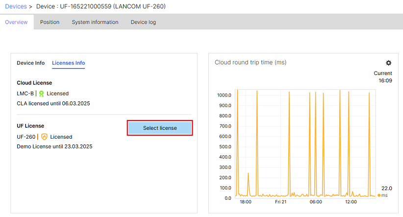 Open the menu Select license in the Overview of the Unified Firewall in the LMC