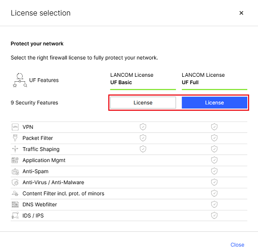 Select either a UF Basic or UF Full license as required