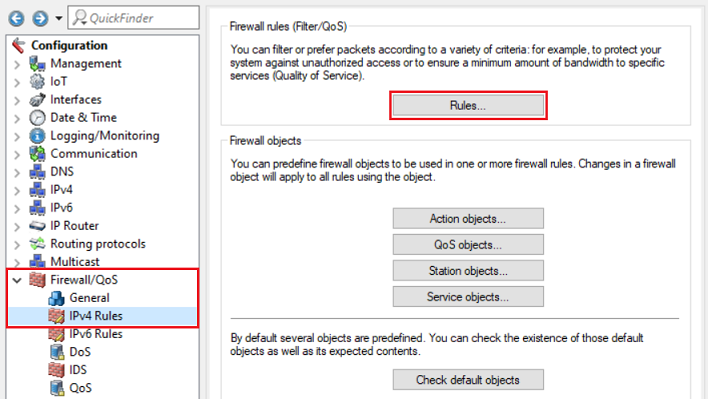 An interface displaying firewall and network management configurations, showing options for Quality of Service, logging, monitoring, IP routing, and predefined rules to ensure secure and efficient network traffic management.