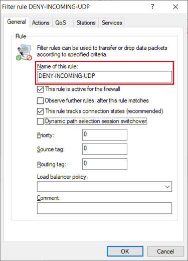 Screenshot of a network configuration interface displaying rules for managing UDP traffic, including options for QoS, stations, services, and a load balancer policy.