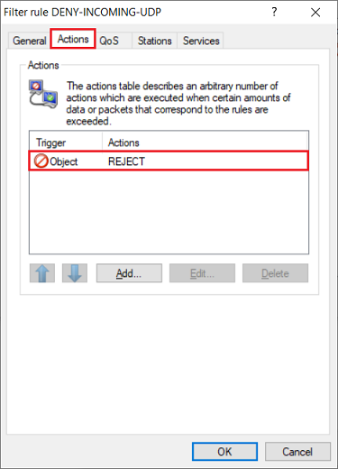Screenshot of a network management interface showing settings for a UDP filter rule and action table for data or packet limits.