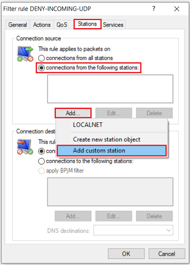 Screenshot of a network configuration interface showing options for filtering UDP incoming connections, managing general actions, and setting connection sources and destinations.