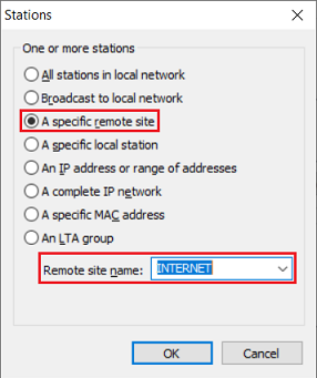 Image displays a configuration menu for network settings, with options for choosing between specific stations, complete IP networks, specific MAC addresses, and broadcasting settings.