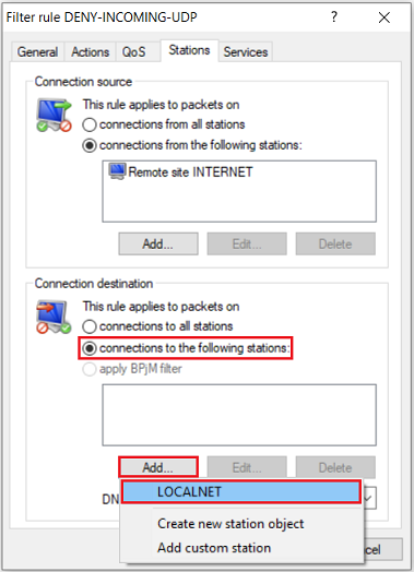 Screenshot of a network configuration interface showing options for filtering UDP incoming connections, with sections for general actions, stations, services, connection source and destination, and tools for custom station creation.