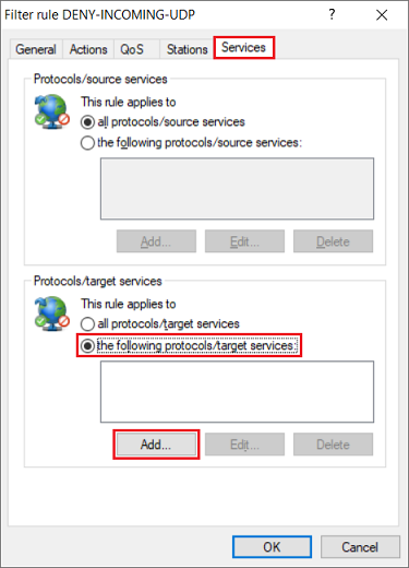 Screenshot of a network configuration interface showing options to manage, edit, and deny incoming UDP protocols, with sections for general actions, service protocols, and target services.