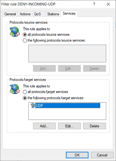 Image displaying a text interface for configuring network rules, including action settings, protocols, and service targets for managing incoming UDP traffic.