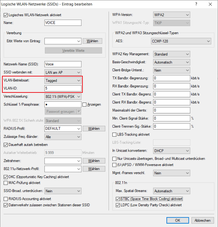 Für den Betrieb erforderliche Parameter in dem logischen WLAN-Profil manuell anpassen