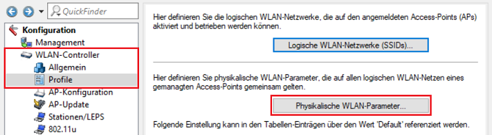 Menü Physikalische WLAN-Parameter im WLAN-Controller aufrufen