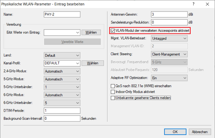 Für den Betrieb erforderliche Parameter in dem physikalischen WLAN-Profil manuell anpassen