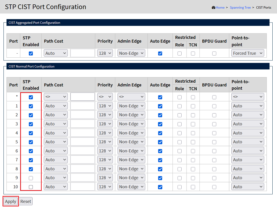 RSTP auf den Switch-Ports auswählen