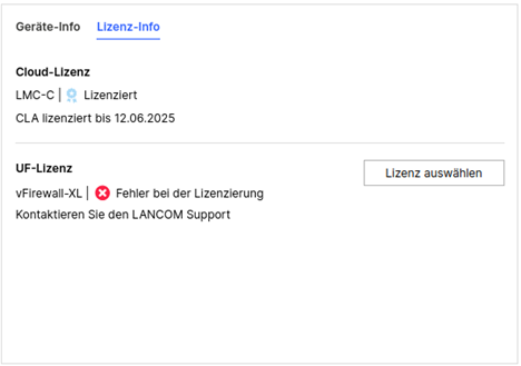 Lizenz-Info Dialog mit Fehlermeldung zur Lizenzierung