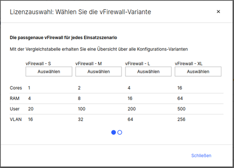 Dialog zur Auswahl der Lizenz-Grösse