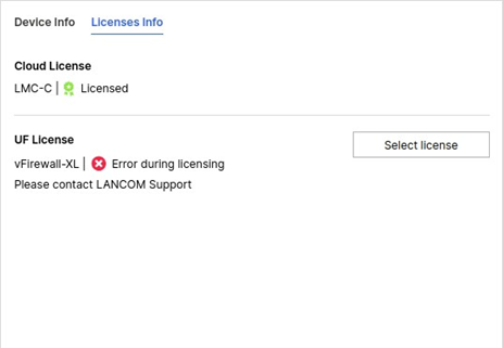 License dialogue with error message on licensing