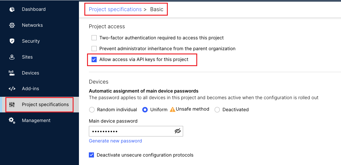 Enable API Keys in Project specifications