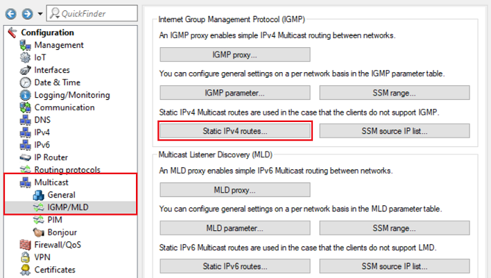 Open the menu Static IPv4 routes for Multicast routing in the router