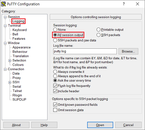Alle Konsolen-Ausgaben in PuTTY in einer Text-Datei mitloggen
