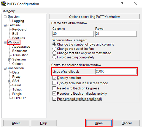 Anzahl nachgehaltener Zeilen in PuTTY anheben